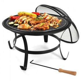 22 Inch Steel Outdoor Fire Pit Bowl With Wood Grate - black
