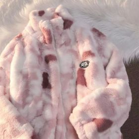 Tie Dye Woman Zipper Jacket Real Rabbit Fur Coat Real Fur Winter Clothes Women Long Sleeve Oversize Tops Streetwear Warm Jacket (Color: pink, size: L)