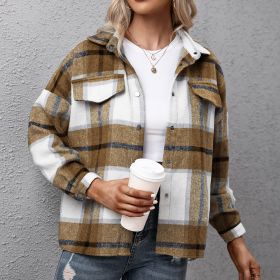 Women's Thick Cashmere Long-sleeved Plaid Top Loose Casual Shirt Plush Plaid Jacket (Color: yellow, size: M)
