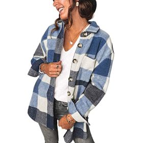 Women Flannel Plaid Jacket Button Down Shirts Coats Shacket (Color: Blue, size: XL)